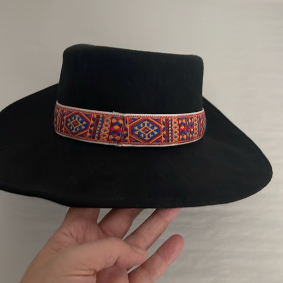 FILIPPO CATARZI 100% Wool Black Fedora Hat Aztec Trim Size Medium/Large Italy - Picture 4 of 4